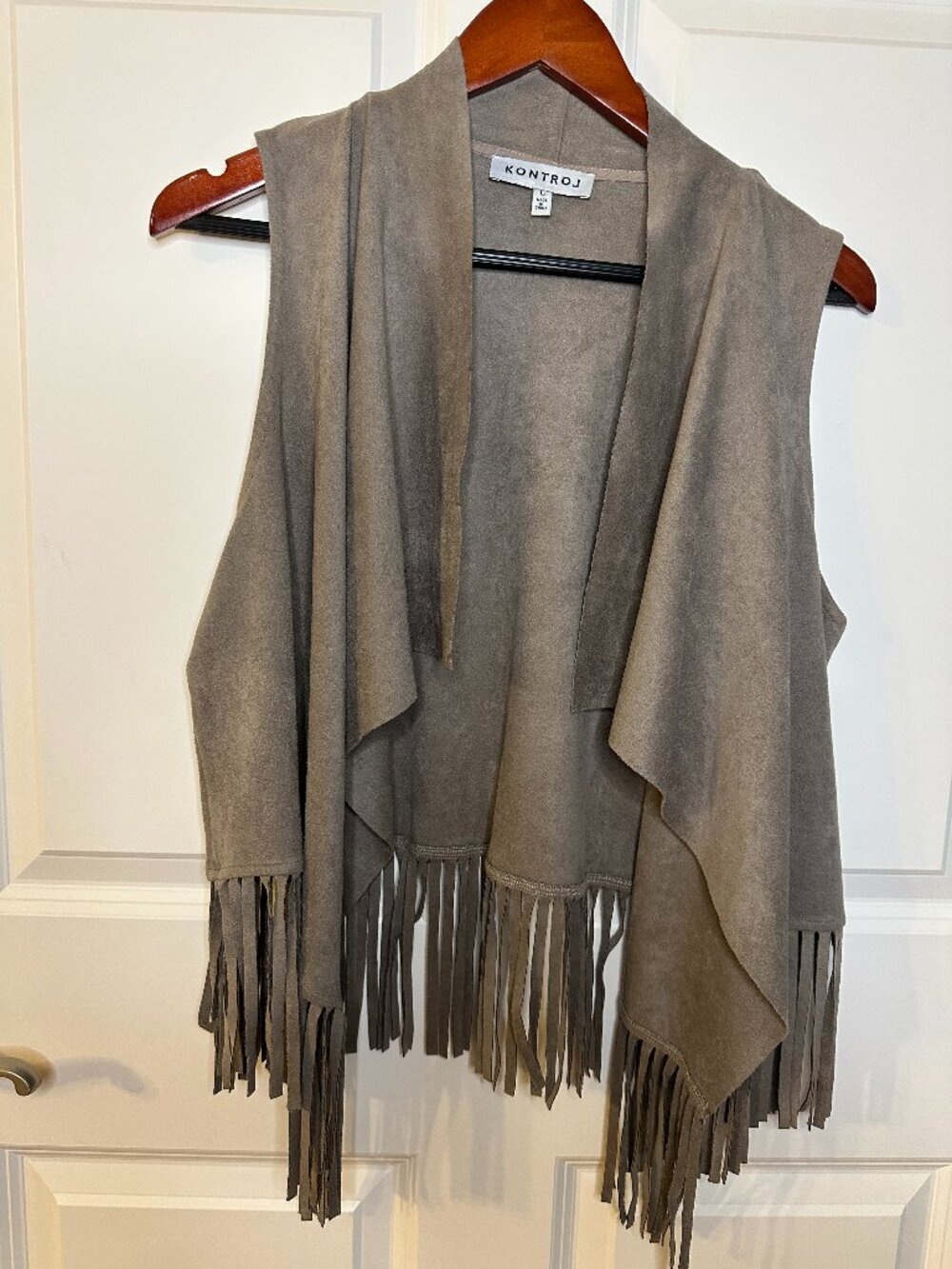 Faux Suede Fringe Vest Waterfall Open Front Western Boho Festival Taupe Large